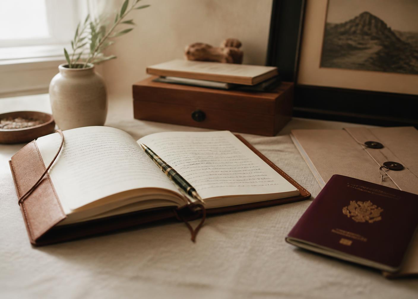 An advisor's desk with a notebook of handwritten case notes, a pen and a passport