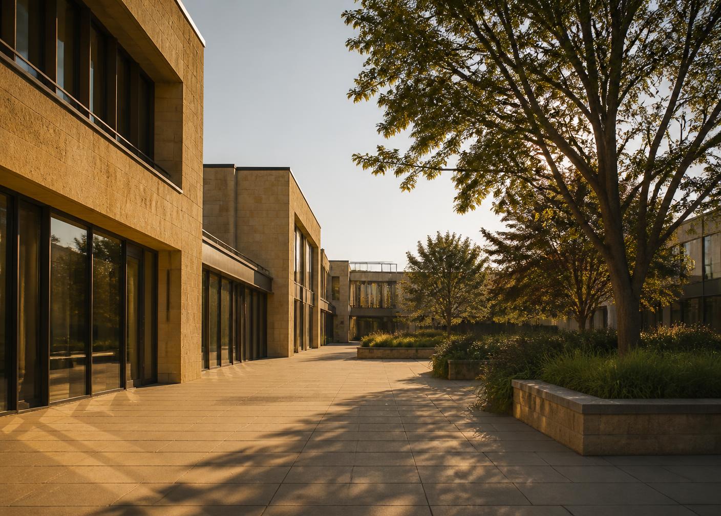 A New Zealand university courtyard in late afternoon light