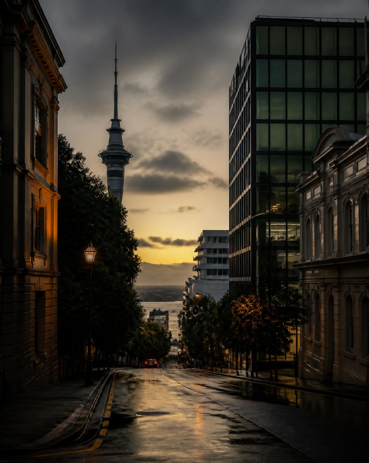 An Auckland street at dusk, wet pavement reflecting warm light toward the harbour