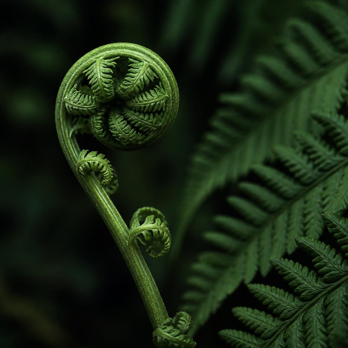 A silver fern frond unfurling against dark forest shadow