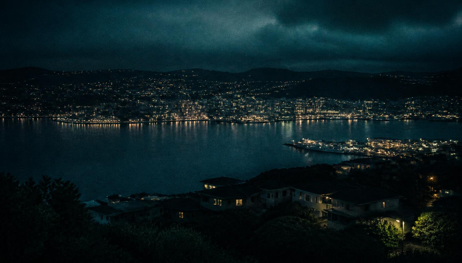 Wellington harbour at blue hour, city lights reflected on calm water